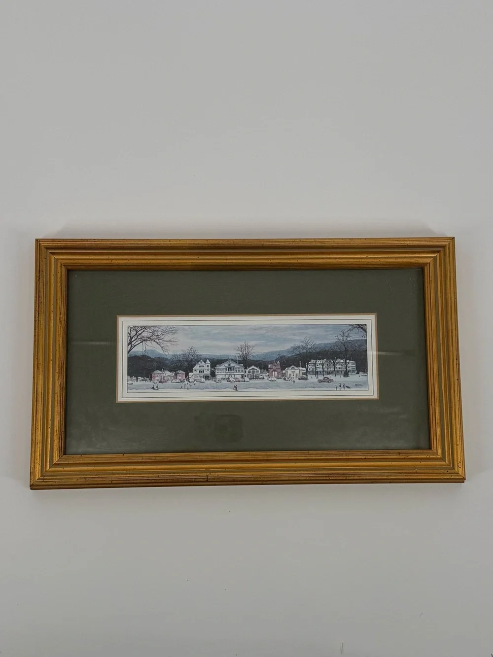 Norman Rockwell Museum Winter Village Art Print Gold Frame Green Mat 13.5x8
